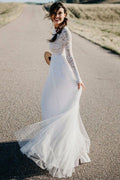 NumberSea Abito da Sposa in Tulle e Pizzo Bianco con Maniche Lunghe per Spiaggia, Abito da Sposa, MW570