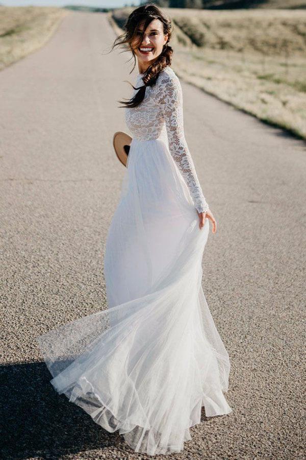 NumberSea Abito da Sposa in Tulle e Pizzo Bianco con Maniche Lunghe per Spiaggia, Abito da Sposa, MW570
