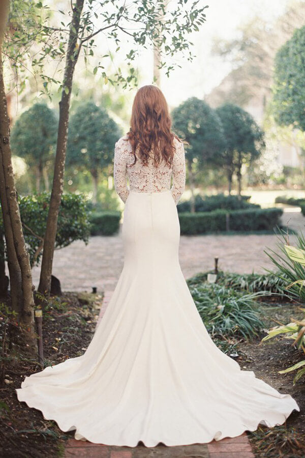 Vestido de novia blanco sirena con escote profundo en V, manga larga y encaje, MW195