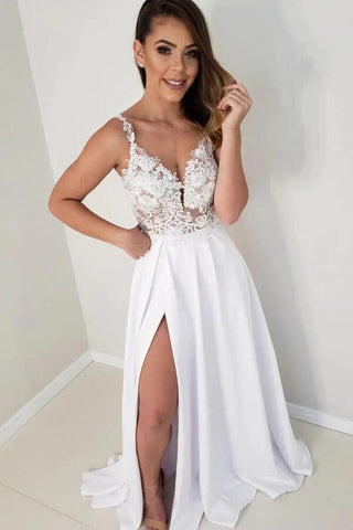 NumberSea Weißes Satin-Spitzenoberteil A-Linie Brautkleider mit Seitenschlitz, Brautkleider, MW785
