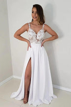 NumberSea White Satin Lace Top A-line Wedding Dresses With Side Slit, Bridal Gowns, MW785