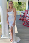 Robe de bal longue à paillettes blanches dos nu sirène formelle PSK357