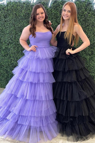 Weißes trägerloses, gestuftes A-Linien-Ballkleid mit Rüschen PSK410