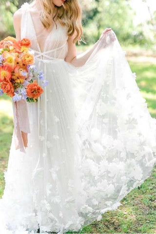 NumberSea Weißes Tüll A-Linie V-Ausschnitt Blumen Strand Brautkleider, Brautkleider, MW730
