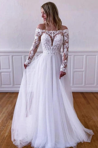Vestidos de noiva em tule branco com renda e mangas compridas, modelo NumberSea, MW816