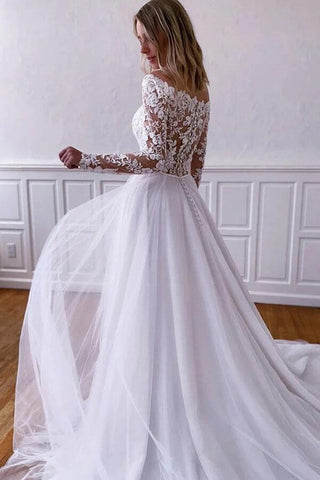Vestidos de noiva em tule branco com renda e mangas compridas, modelo NumberSea, MW816