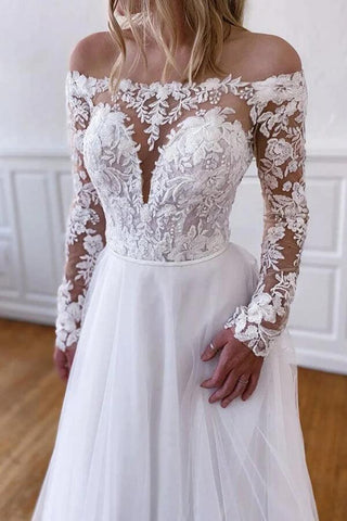Vestidos de noiva em tule branco com renda e mangas compridas, modelo NumberSea, MW816