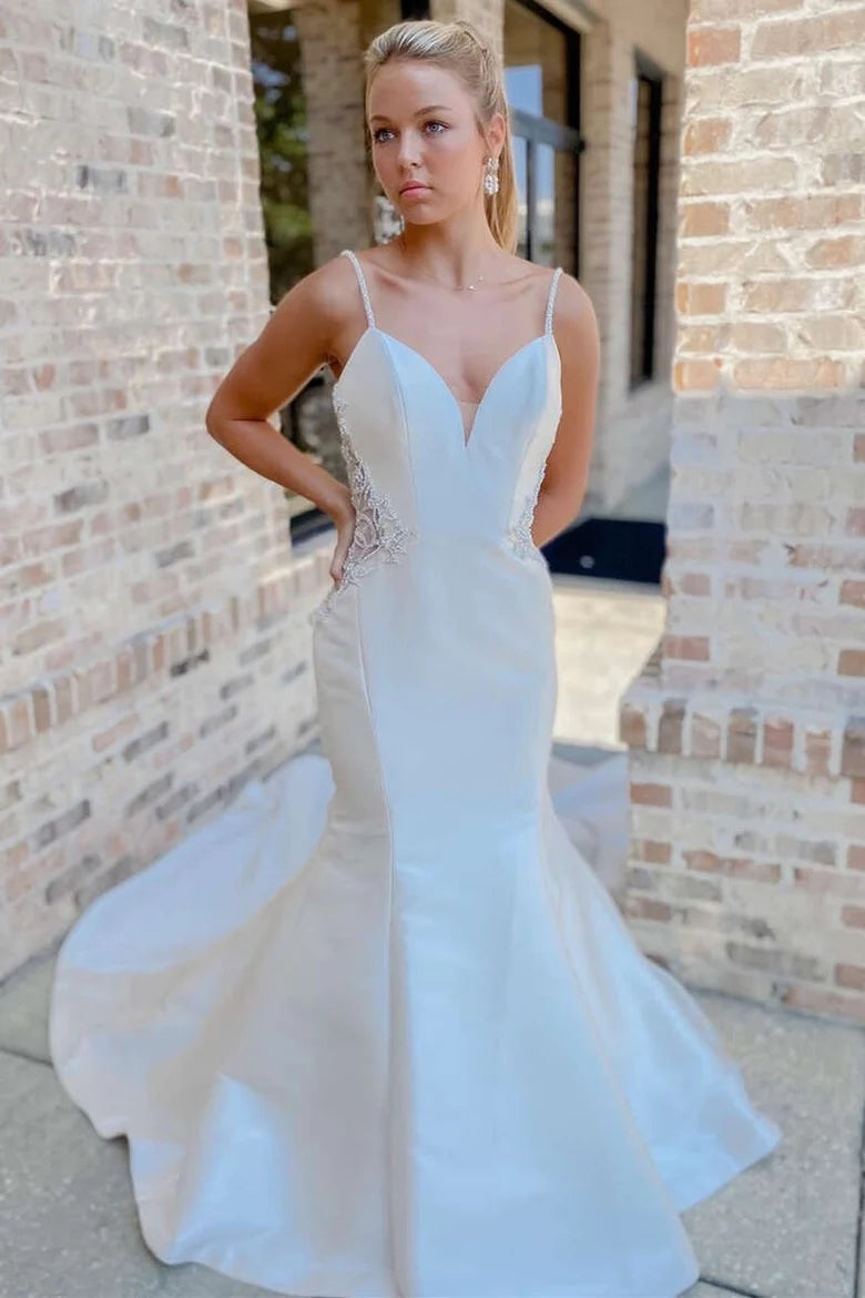 Weißes V-Ausschnitt Perlenbesatz Trompetenlanges Brautkleid Hochzeitskleid