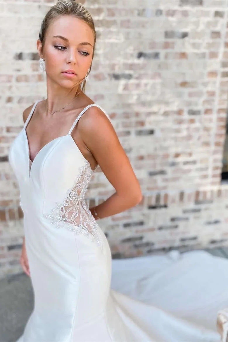 Weißes V-Ausschnitt Perlenbesatz Trompetenlanges Brautkleid Hochzeitskleid