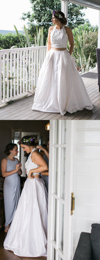 Robe de mariée deux pièces en satin blanc avec dentelle, bretelles fines et poche, DB0178