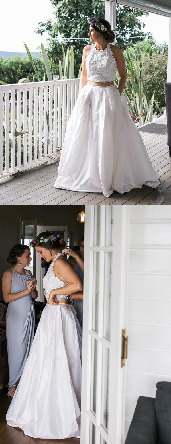 Robe de mariée deux pièces en satin blanc avec dentelle, bretelles fines et poche, DB0178