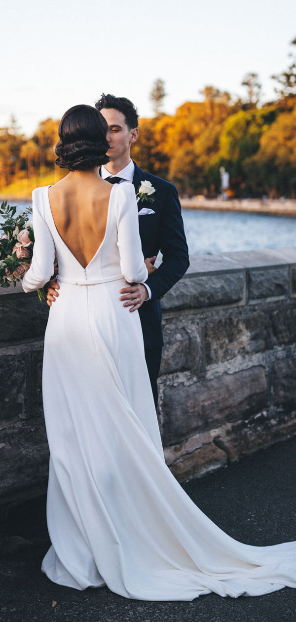 Weißes Satin Langarm V-Ausschnitt mit Schleppe Einfache Brautkleider,DB0164