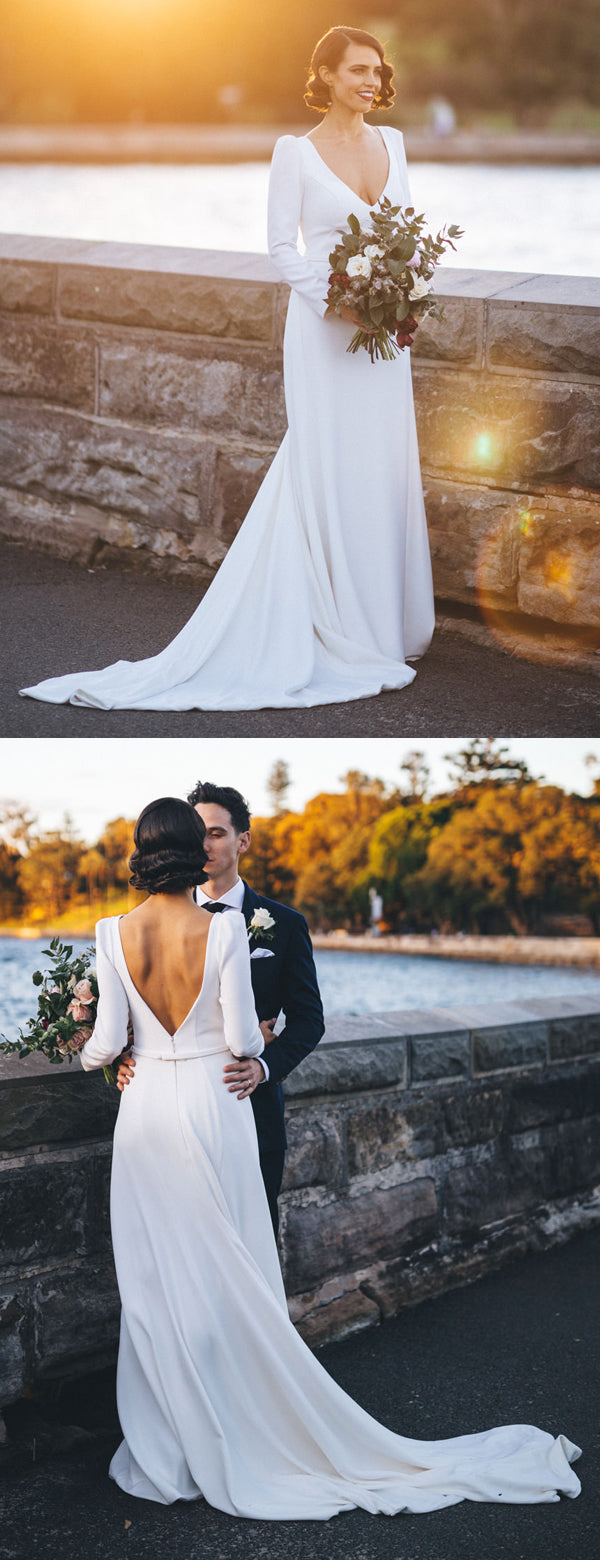 Weißes Satin Langarm V-Ausschnitt mit Schleppe Einfache Brautkleider,DB0164