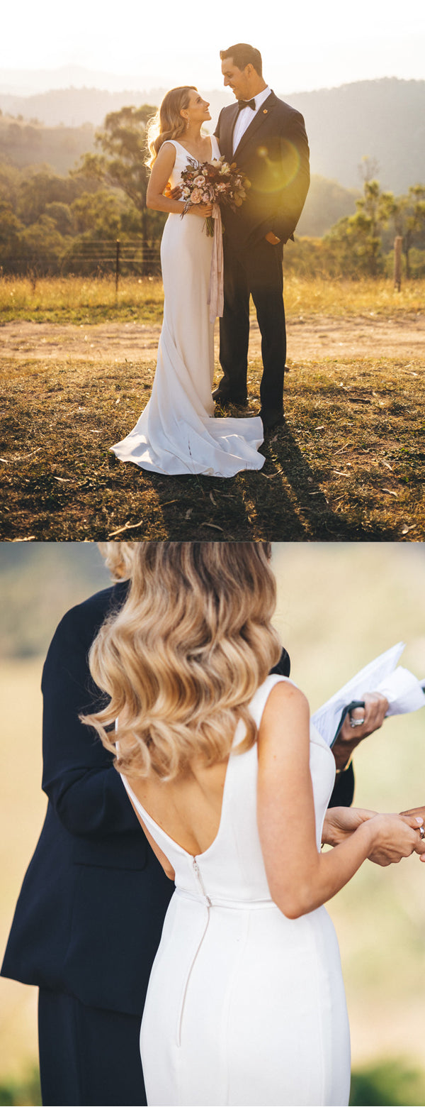 Robe de mariée blanche satinée sans manches en col V sirène avec traîne, DB0165