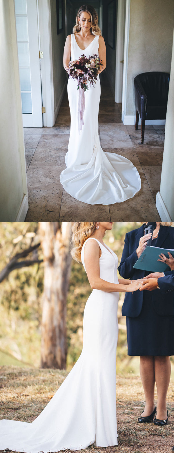 Robe de mariée blanche satinée sans manches en col V sirène avec traîne, DB0165
