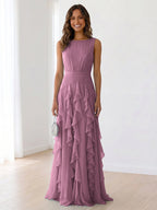 Sleeveless Tiered Chiffon Maxi Evening Gown with Ruched Bodice