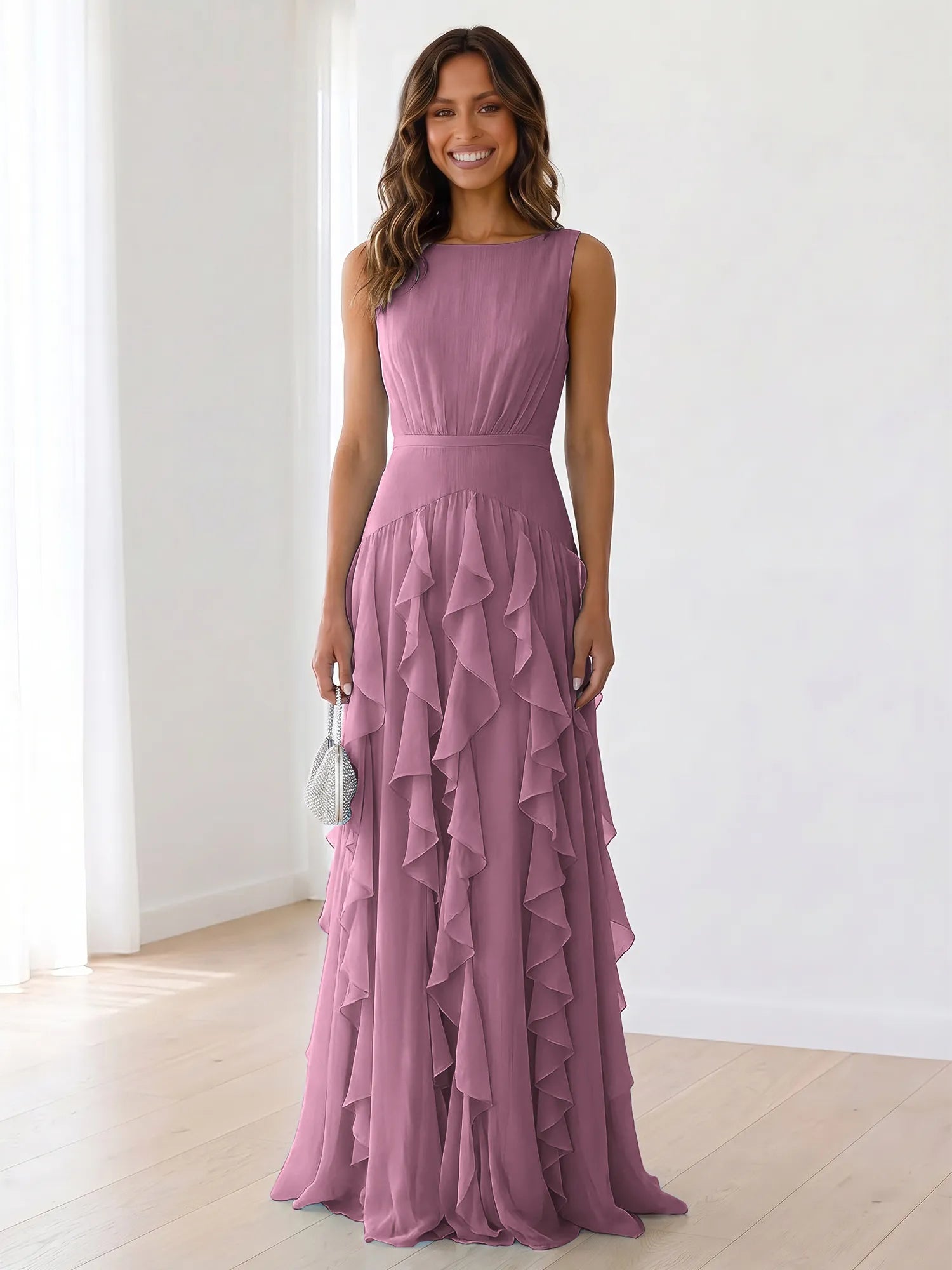 Sleeveless Tiered Chiffon Maxi Evening Gown with Ruched Bodice