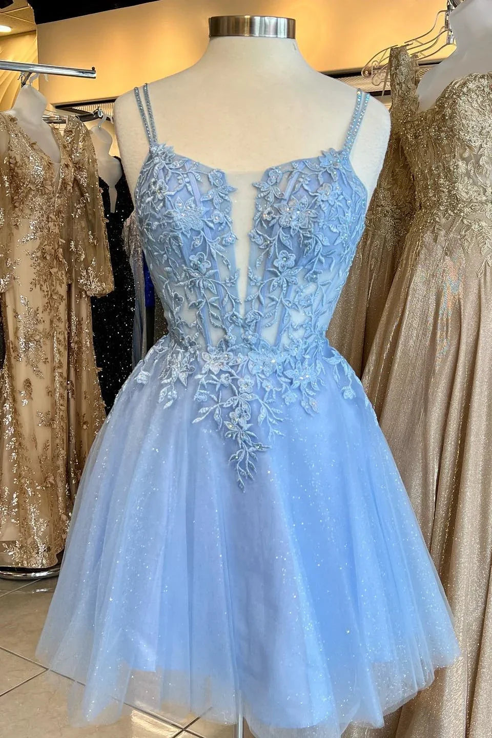 Bänder Blaue Applikationen A-Linien Kurzes Ballkleid Y2765