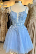 Bänder Blaue Applikationen A-Linien Kurzes Ballkleid Y2765