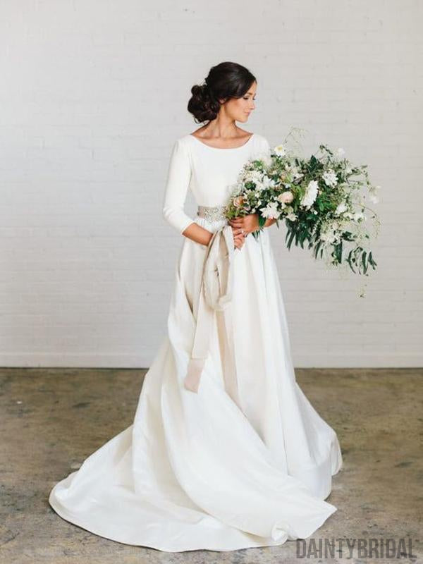 Charming Bateau 3/4 Sleeves A-Line With Train Long Wedding Dresses.DB10054