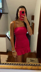 Trägerloses Knallrosa Homecoming-Kleid Minikleid Y2136