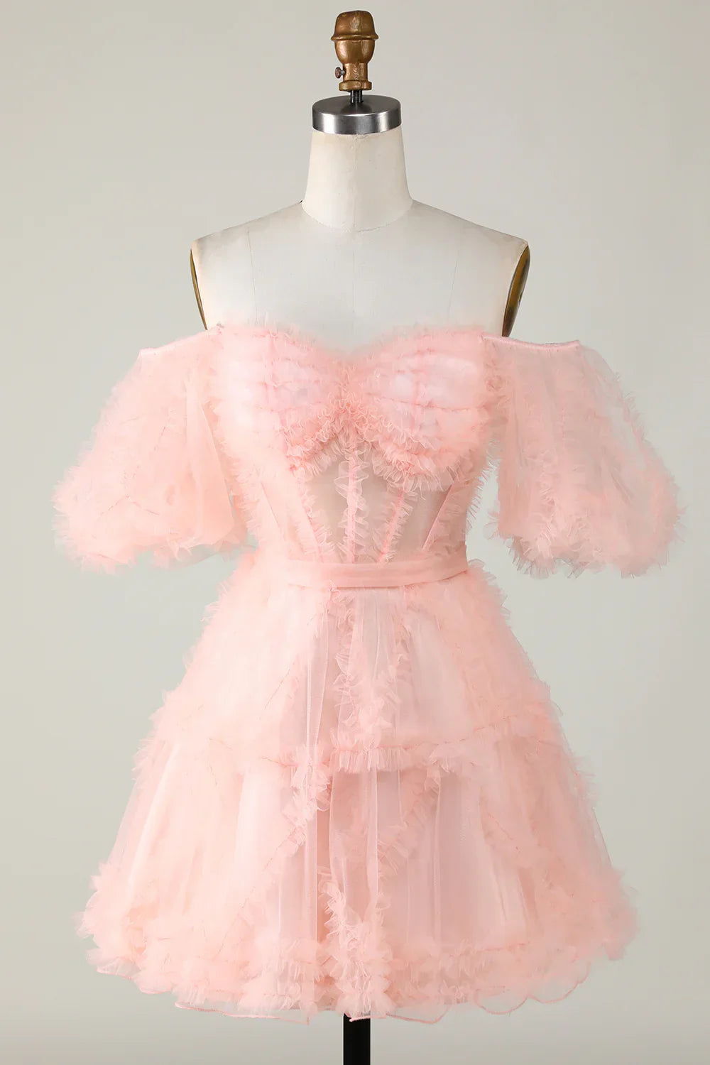 Blush Tüll Off-The-Shoulder kurzes Homecoming-Kleid Y2616