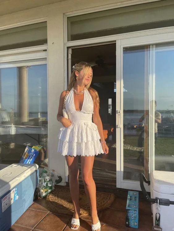 Vestido Corto de Fiesta para el Baile de Regreso con Escote Halter Blanco Y2018