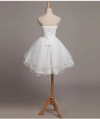 Hübsches weißes Spitzen- und Organzakurz-Kleid für den Abschlussball, Homecoming-Kleid, kurze formelle Teenagerkleider Y2088