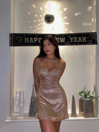 Vestido Corto de Fiesta con Tirantes de Espagueti Brillante para el Baile de Bienvenida Y2125
