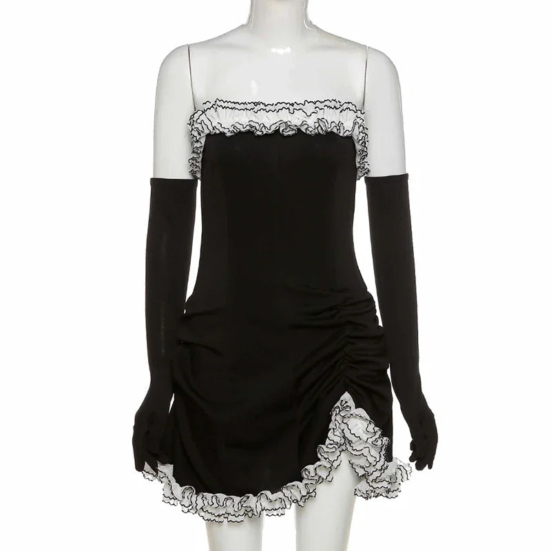 Falda Tubo para Fiesta Negra con Volante Irregular Blanco Vestido de Vendaje Negro para Baile de Graduación Y2617