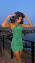 Women Close-Fitting Solid Color Dress Halter Neck Sleeveless Sexy Green Homecoming Dress Y2659
