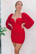 Rotes Sweetheart Figurbetontes Kurzes Partykleid mit Puffärmeln, Rotes Homecoming-Kleid Y2883