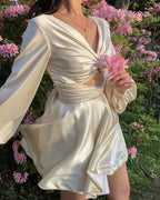 Robe de bal de fin d'études blanche coupe A à manches longues Robe de fête d'anniversaire blanche Y2516