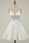 White Satin A-line Graduation Dress White Short Homecoming Dress Y1849