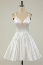White Satin A-line Graduation Dress White Short Homecoming Dress Y1849