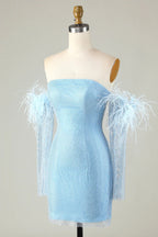 Vestido Curto de Baile Azul Apertado com Contas e Mangas Amovíveis