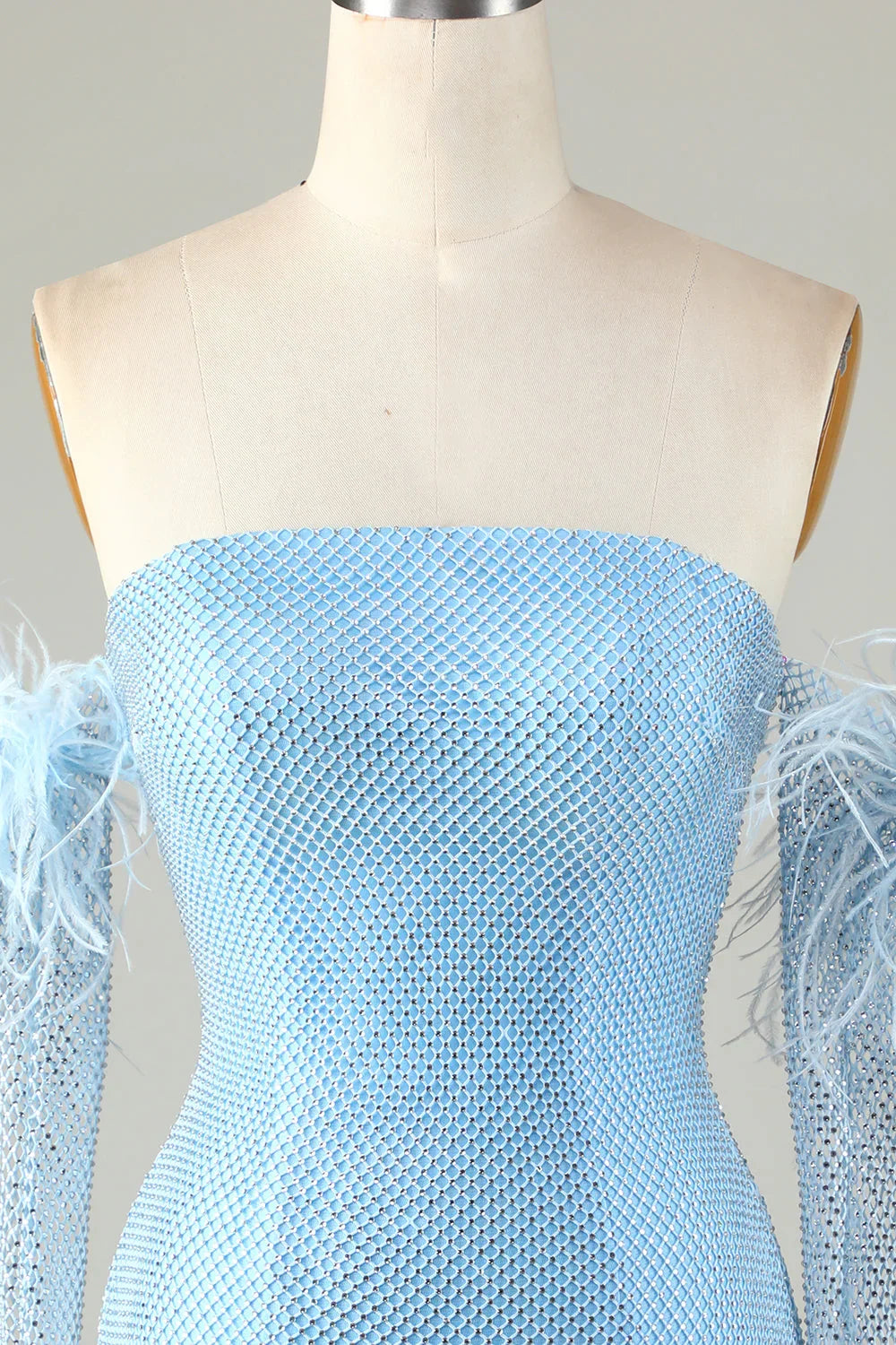 Vestido Curto de Baile Azul Apertado com Contas e Mangas Amovíveis