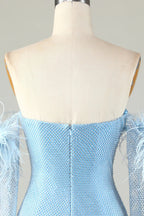 Vestido Curto de Baile Azul Apertado com Contas e Mangas Amovíveis