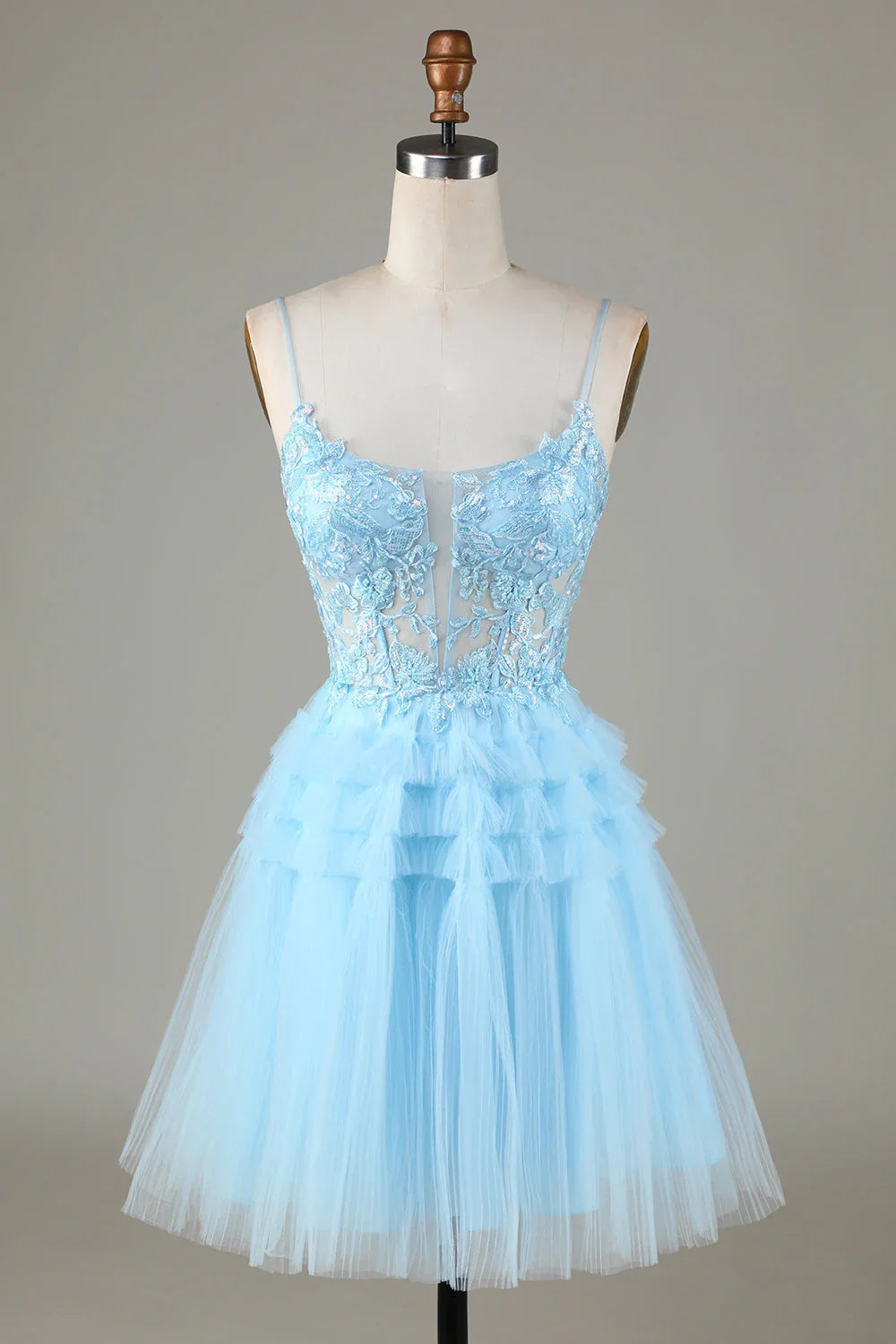 Niedliches A-Linien-Trägerkleid mit Pailletten in Blau, kurzes Homecoming-Kleid mit Applikationen