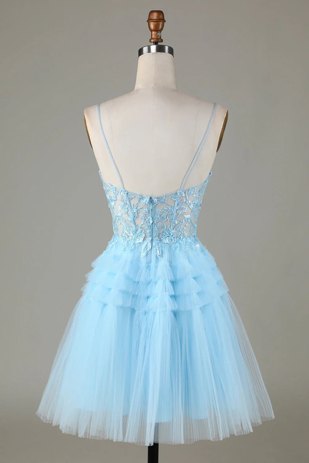 Niedliches A-Linien-Trägerkleid mit Pailletten in Blau, kurzes Homecoming-Kleid mit Applikationen