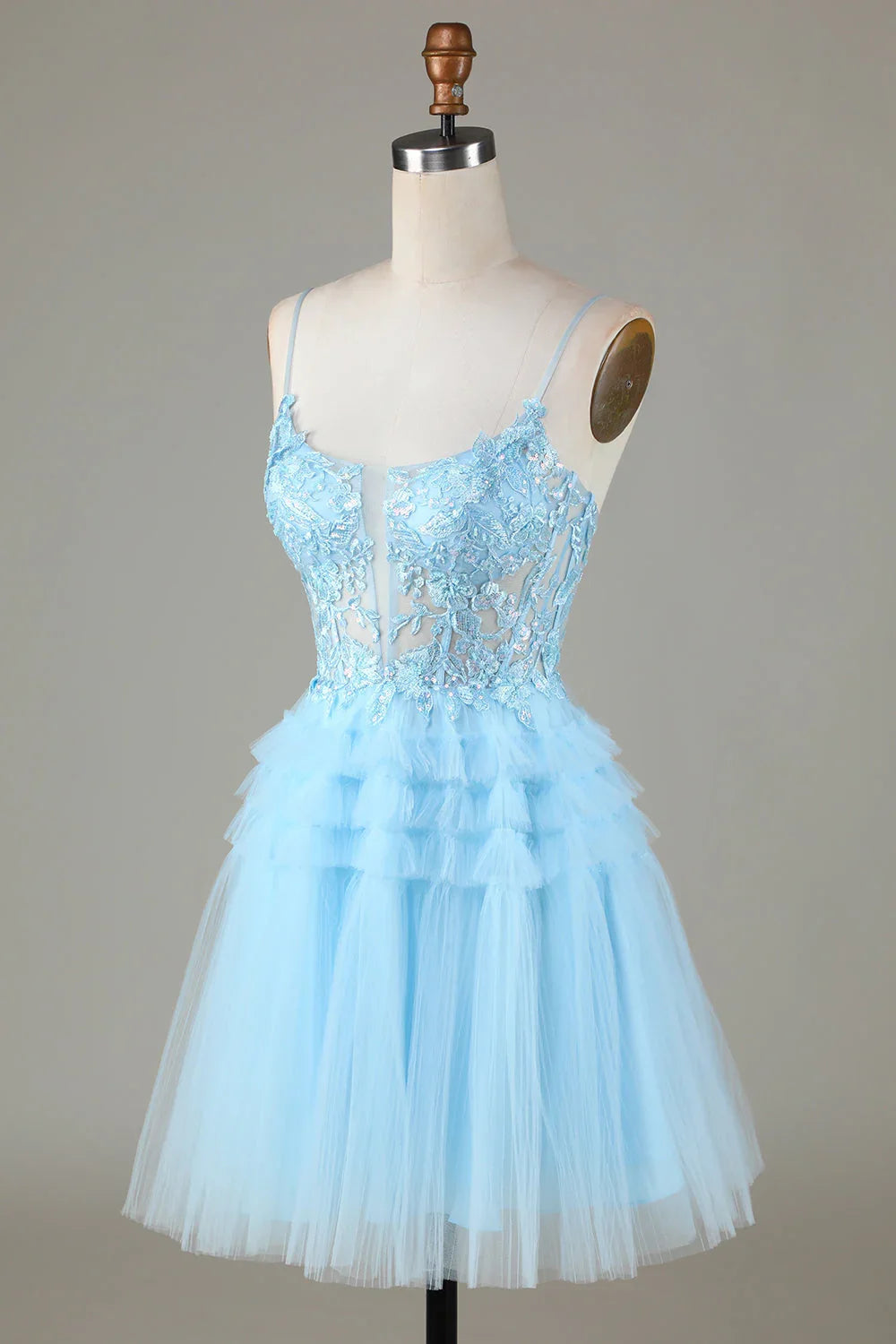 Niedliches A-Linien-Trägerkleid mit Pailletten in Blau, kurzes Homecoming-Kleid mit Applikationen