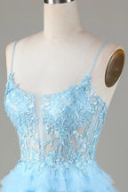 Niedliches A-Linien-Trägerkleid mit Pailletten in Blau, kurzes Homecoming-Kleid mit Applikationen