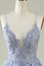 Robe courte pour bal de fin d'études violet clair à bretelles spaghetti ligne A avec applications Y2671