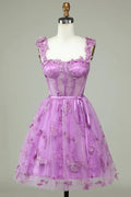 Vestido de Baile de Finalistas A-Line Roxo Curto com Corpete e Aplicações