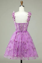 Vestido de Baile de Finalistas A-Line Roxo Curto com Corpete e Aplicações
