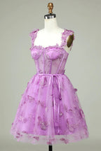 Vestido de Baile de Finalistas A-Line Roxo Curto com Corpete e Aplicações