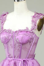 Vestido de Baile de Finalistas A-Line Roxo Curto com Corpete e Aplicações