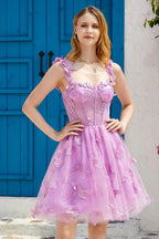 Vestido Corto de Fiesta Tipo Corsé en Línea A con Aplicaciones en Lila Adorable
