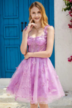 Vestido Corto de Fiesta Tipo Corsé en Línea A con Aplicaciones en Lila Adorable