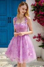 Vestido Corto de Fiesta Tipo Corsé en Línea A con Aplicaciones en Lila Adorable